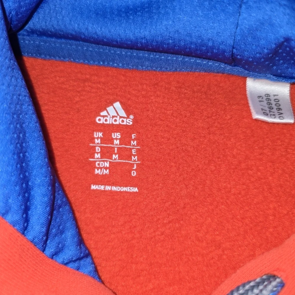 Adidas Men’s Md Red/Orange Pullover Hoodie Blue Spellout Logo Fleece Sweatshirt